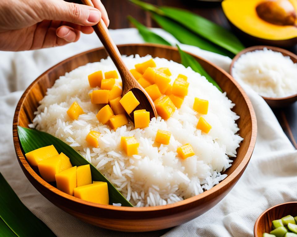 assembling mango sticky rice